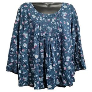 J Jill Cottagecore 100% Cotton Pleated Blouse Sz S Oversize Boxy Green Floral